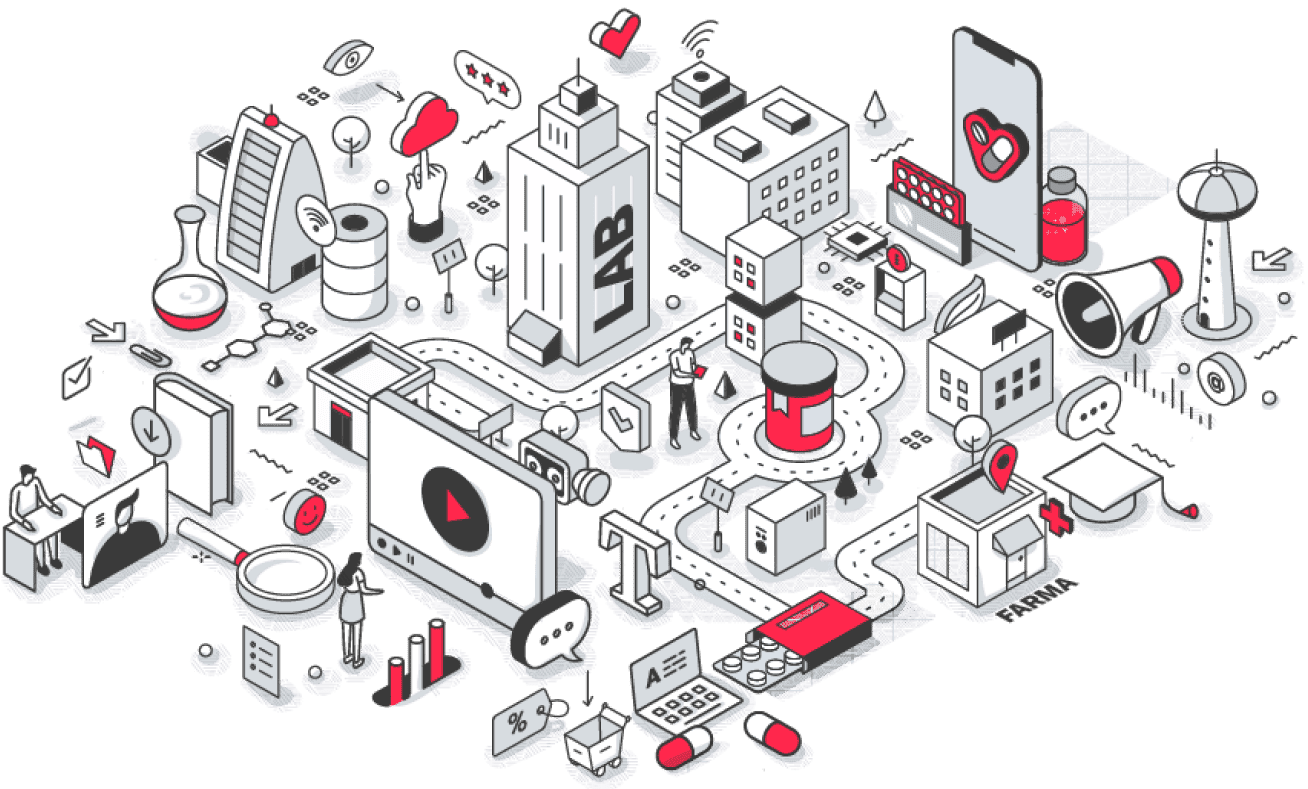 Ilustración isométrica de Farmapolis, el ecosistema de servicios de Novaltia para apoyar la gestión y digitalización de farmacias.